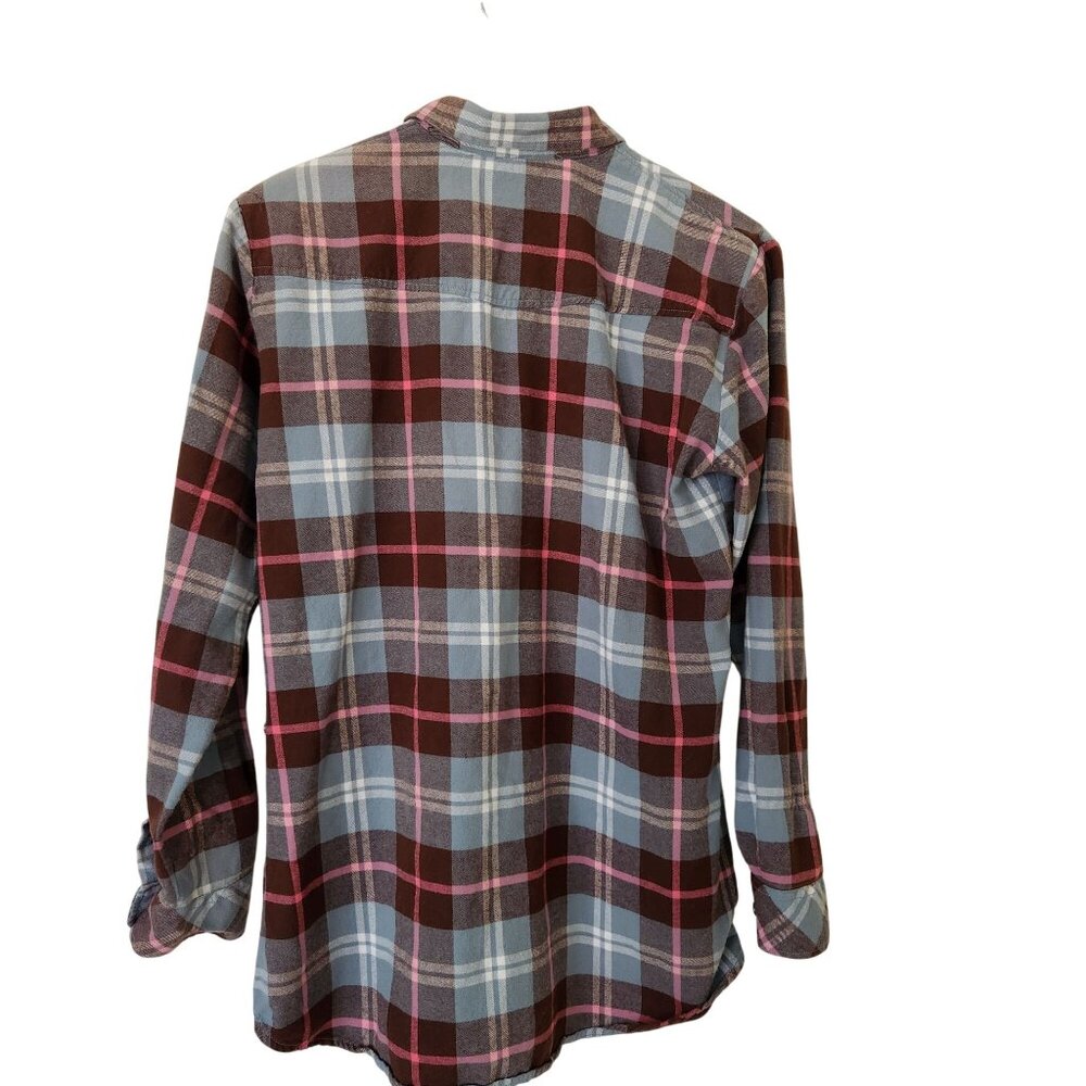 Matchstick Plaid Flannel Button-Up Shirt Blue Brown Pink Cabincore Woodsy Rustic - Picture 2 of 9